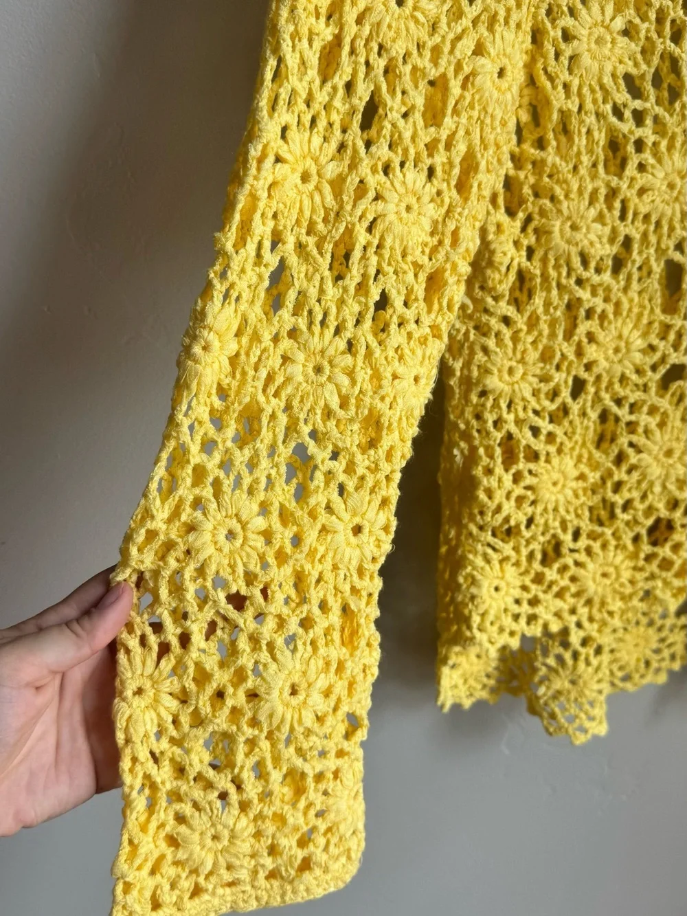 Yellow Crochet Knit Sweater Boho Festival Beach Cover Up Lightweight Top Y2K L